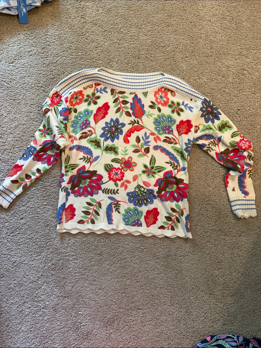 Talbots Cream Crewneck Sweater with Red, Blue & Green Floral Motif